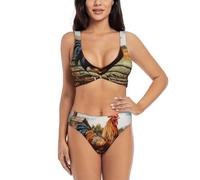DIEzig Costume da bagno da donna con gallo su legno in agricoltura con incrocio sul davanti, costume da bagno a U posteriore realizzato in tessuto ad asciugatura rapida, Nero , XL