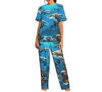 DIEzig Dolphins Shark Coral Reef stampato da donna set da 2 pezzi, top a maniche corte con pantaloni lunghi, morbido pigiama set S-3XL, Nero , XL