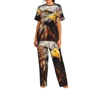 DIEzig Eagle - Set da salotto da donna in 2 pezzi, con maglia a maniche corte con pantaloni lunghi, morbido, taglie S-3XL, Nero , S