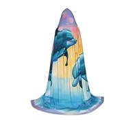 DIEzig Mantello lungo con cappuccio, motivo delfini innamorati, per adolescenti, gotico, fantasia, medievale, cosplay, costume