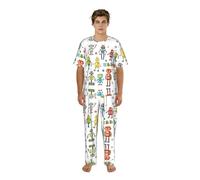 DIEzig Set pigiama da uomo morbido con stampa di robot dei cartoni animati, top a maniche corte con scollo rotondo e pantaloni elastici in vita, casa S-3XL, Nero , XXL