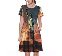 DIEzig Statua della Libertà a New York Abito casual da donna, linea ad A, abito snellente al ginocchio a maniche corte per l'estate con tasche, per le donne, Nero , S