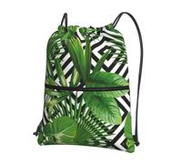 DIEzig Zaino con tracolla regolabile con stampa di foglie verdi di palma tropicale, borsa pieghevole con coulisse con cerniera per avventure nel fine settimana