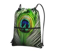 DIEzig Zaino con tracolla regolabile con stampa di piume di pavone verde, borsa pieghevole con coulisse con cerniera per avventure nel fine settimana