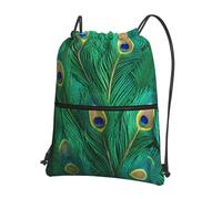 DIEzig Zaino con tracolla regolabile con stampa di piume di pavone verde, borsa pieghevole con coulisse con cerniera per avventure nel fine settimana