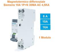 DIFFERENZIALE MAGNETOTERMICO DIN 1P+N 1 MODULO 4,5KA 30ma 6A 10A 16A SIEMENS
