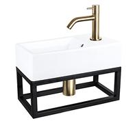 Differnz Force Lavabo con portasciugamani - Lavabo in ceramica bianca - Rubinetto curvo oro opaco - Set completo - 40 x 22 x 11,5 cm