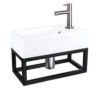 Differnz Force Lavabo con portasciugamani - Lavabo in ceramica bianca - Rubinetto dritto cromato opaco - Set completo - 40 x 22 x 11,5 cm