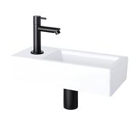 Differnz Helios - Lavabo piccolo, in ceramica, colore bianco, nero, rubinetti a sinistra, lavabo, rubinetto per acqua fredda, 37,5 x 18 x 9,5 cm