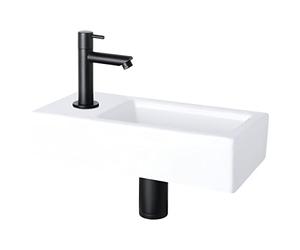 Differnz Helios - Lavabo piccolo, in ceramica, colore bianco, nero, rubinetti a sinistra, lavabo, rubinetto per acqua fredda, 37,5 x 18 x 9,5 cm