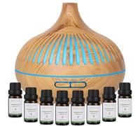 Diffusore di Oli Essenziali 500 ML, GeeRic 8*10ML Oli Essenziali+Ultrasuoni Umidificatore Purificatore d'Aria Diffusore di Aromi Nebulizzatore per Oli Profumati 7 Color LED per Casa Yoga Spa Marrone