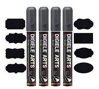 DIGIELE Pennarelli Gesso Liquido D'argento, 4pcs Pennarello 6mm e 16 Etichette Adesive Lavagna, Asciutto o Bagnato Cancellabili, Reversibile Punta Scalpello o Tonda per Lavagna, Finestra & Vetro