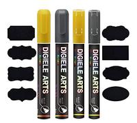 DIGIELE Pennarelli Gesso Liquido Oro + D'argento, 2pcs Pennarello 3mm + 2pcs 6mm Pennarello Gesso e 16 Etichette Adesive Lavagna, Asciutto o Bagnato Cancellabili, Reversibile Punta Scalpello o Tonda