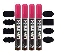 DIGIELE Pennarelli Gesso Liquido Rosa, 4pcs Pennarello Rosa 6mm e 16 Etichette Adesive Lavagna, Asciutto o Bagnato Cancellabili, Reversibile Punta Scalpello o Tonda per Lavagna, Finestra & Vetro