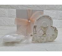 Digiglio Bomboniere Bomboniera Prima Comunione Icona Cuore con Calice JHS, Bianco e Oro, con Confetti e Scatola Regalo Completa di Composizine