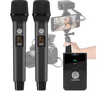 DIGIMORE Microfono portatile wireless UHF doppio per fotocamera e smartphone, 30 canali, portata 98,8 m, pickup cardioide, per interviste, vlogging, canto ed eventi (D-343 HH)