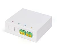 DIGITUS Alloggiamento FTTH - 2 X LC/APC Duplex con otturatore - Fibra monomodale - Cassetta di giunzione in fibra ottica integrata - Classe di protezione IP45 - Montaggio a parete o guida - Bianco