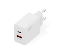 DIGITUS Caricabatterie USB - USB-C e tipo A - 2 porte - fino a 20 W - Caricabatterie rapido - Adatto per cellulari, tablet, smartwatch e cuffie Bluetooth - Bianco