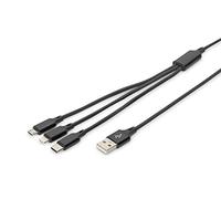 DIGITUS Cavo di ricarica USB - 1,0 m - Da USB A (M) a Lightning (M), USB Micro B (M), USB C (M) - Cavo di collegamento - Nero