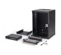 DIGITUS Set di rete 10 pollici - Armadio di rete 9U - Ripiano - Ciabatta elettrica - Switch 16 porte - Patch panel 12 porte - 12 moduli Keystone - 20 cavi patch - Non assemblato - SOHO Pro - Nero