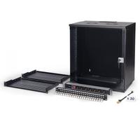 DIGITUS Set di rete 19 pollici - Armadio di rete 12U - 2 ripiani 1U - Pannello di distribuzione 24 porte - 24 moduli Keystone - 30 cavi patch CAT 6A - Multipresa - Non montato - SOHO PRO - Nero
