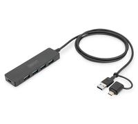 DIGITUS Hub USB - 4 Porte - USB 3.0-4X USB-A - 1x connettore di Alimentazione USB-C - Fino a 5 Gbit/s - Incluso Adattatore da USB-A a USB-C - Lunghezza Cavo 1,2 m - Linea Sottile - Nero