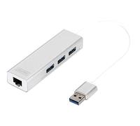 Digitus Hub USB - 3 porte - Porta Ethernet RJ45 - Super-Speed USB 3.0 - 5 GBit/s - Gigabit LAN - Custodia in alluminio, Con Porta Lan Rj45