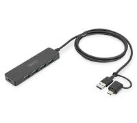 DIGITUS Hub USB - 4 Porte - USB 3.0-4X USB-A - 1x connettore di Alimentazione USB-C - Fino a 5 Gbit/s - Incluso Adattatore da USB-A a USB-C - Lunghezza Cavo 1,2 m - Linea Sottile - Nero