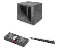 DIGITUS Set: Armadio di rete 19" 9U + ventilatore a soffitto + ciabatta 7 porte // rack 19" - montaggio a parete - profondità 600mm - carico 60kg - profondità utile 320-450 mm - Nero
