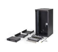 DIGITUS Set di rete 10 pollici - Armadio di rete 12U - 2 ripiani - Ciabatta elettrica - Switch 16 porte - Patch panel 12 porte - 12 moduli Keystone - 20 cavi patch - Non assemblato - SOHO Pro - Nero