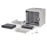 DIGITUS Set di rete 10 pollici - Armadio di rete 6U - Ripiano - Ciabatta elettrica - Switch 8 porte - Patch panel 12 porte - 12 moduli Keystone - 10 cavi patch - Non assemblato - SOHO Pro - Grigio