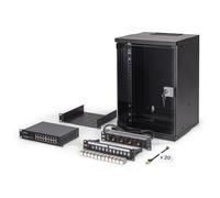 DIGITUS Set di rete 10 pollici - Armadio di rete 9U - Ripiano - Ciabatta elettrica - Switch 16 porte - Patch panel 12 porte - 12 moduli Keystone - 20 cavi patch - Non assemblato - SOHO Pro - Nero