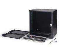 DIGITUS Set di rete 19 pollici - Armadio di rete 12U - 2 ripiani 1U - Pannello di distribuzione 24 porte - 24 moduli Keystone - 30 cavi patch CAT 6A - Multipresa - Non montato - SOHO PRO - Nero