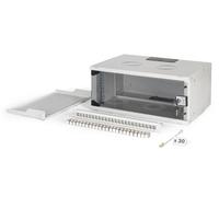 DIGITUS Set di rete 19 pollici - Armadio di rete 4U - Ripiano 1U - Pannello di distribuzione 24 porte - 24 moduli Keystone - 30 cavi patch CAT 6A - Non montato - SOHO PRO - Grigio