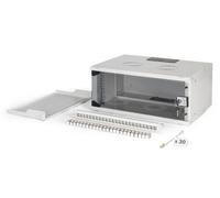 DIGITUS Set di rete 19 pollici - Armadio di rete 4U - Ripiano 1U - Pannello di distribuzione 24 porte - 24 moduli Keystone - 30 cavi patch CAT 6A - Non montato - SOHO PRO - Grigio