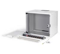 DIGITUS Set di rete 19 pollici - Armadio di rete 9U - Ripiano 1U - Pannello di distribuzione 24 porte - 24 moduli Keystone - 30 cavi patch CAT 6A - Multipresa - Non montato - SOHO PRO - Grigio
