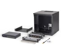DIGITUS Set di rete da 10 pollici - Armadio di rete 6U - ripiano - striscia di prese - switch a 8 porte - pannello patch a 12 porte - 12 moduli keystone - 10 cavi patch - SOHO Pro - nero