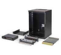 DIGITUS Set di rete 10 pollici - Armadio di rete 9U - Ripiano - Ciabatta elettrica - Switch 16 porte - Patch panel 12 porte - 12 moduli Keystone - 20 cavi patch - Non assemblato - SOHO Pro - Nero