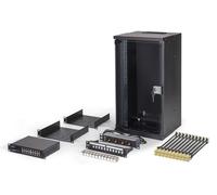 DIGITUS Set di rete 10 pollici - Armadio di rete 12U - 2 ripiani - Ciabatta elettrica - Switch 16 porte - Patch panel 12 porte - 12 moduli Keystone - 20 cavi patch - Non assemblato - SOHO Pro - Nero