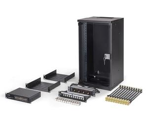 DIGITUS Set di rete da 10 pollici - Armadio di rete 9U - ripiano - striscia di prese - switch a 16 porte - pannello patch a 12 porte - 12 moduli keystone - 20 cavi patch - SOHO Pro - nero