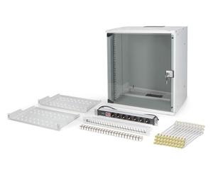 DIGITUS Set di rete da 19 pollici - Armadio di rete 12U SOHO Pro - 2 ripiani 1U - Pannello patch a 24 porte - 24 moduli keystone - 30 cavi patch - striscia di presa - non montato - grigio