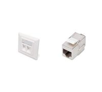 DIGITUS Set: Presa di Rete a 2 Porte - 1 Pezzo - con 2 Moduli Cat6 Keystone - Uscita angolata a 45° - con Coperchio Antipolvere - Bianco