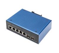 DIGITUS Switch di Rete - 6 Porte Gigabit Ethernet - 4X RJ45 + 2X SFP - IP40 - L2 gestito - 10/100/1000 Mbit/s - Montaggio su Guida DIN - Serie Industriale - Nero/Blu