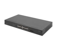 DIGITUS Switch di rete PoE da 19 pollici - 16 porte Gigabit + 2 porte Gigabit SFP - Non gestito - VLAN - 250W PoE power budget - 10/100/1000 Mbit/s - nero