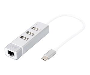 DIGITUS USB 2.0 Hub & Fast Eth. Lan-Adapter con Typ C 3-ports HUB & DA-70253
