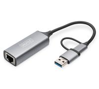 DIGITUS Adattatore di rete USB - 2,5 Gbit/s - RJ45 a USB-C 3.1 - incl. adattatore tipo A - Full Duplex - Auto MDI-X - Grigio