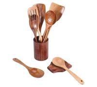 Diheohg 9 pezzi di latta in legno per cucinare, utensili in legno per cucinare con porta utensili, set di utensili da cucina in legno di teak