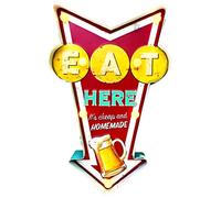 DiiliHiiri Poster Luminoso Mangiare qui per Ristorante-originale poster retrò di American Retro Sign per bar pub caffetteria e sala da pranzo. Decorazione cartellone vintage degli anni 50. 44x27x5cm