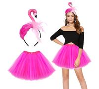 DIIQII Carnevale Costume Fenicottero Donna: 2 pezzi Costume Hawaiano Donna con Fenicottero Copricapo Rosa Gonna Tulle - Costume Fenicottero per Carnevale Festa Cosplay