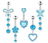 DiiWmme 5 piercing per ombelico con ciondolo a barra, in acciaio inox 14 G, gioielli con fiore, cuore, farfalla, per donne e ragazze, Misura unica, Acciaio inossidabile, Non pietra preziosa